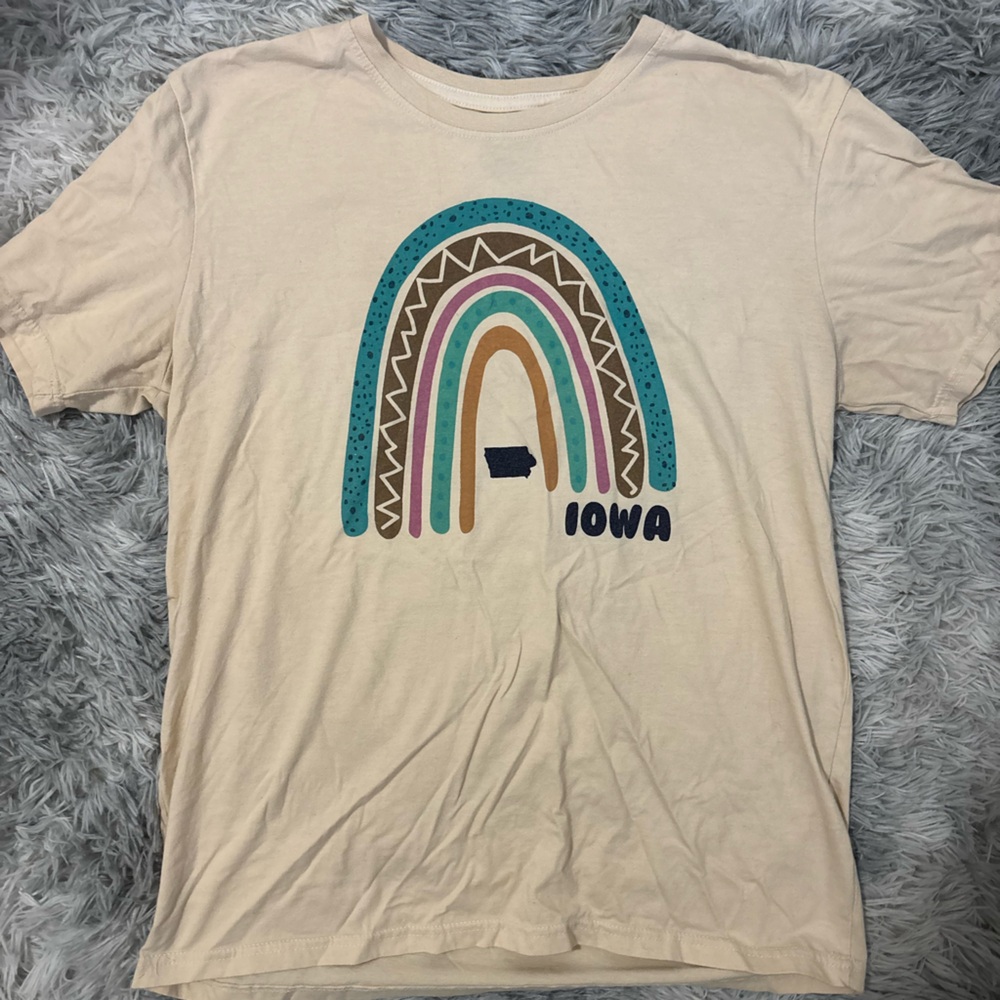 Neutral Graphic Rainbow Tee with Teal & Mustard Accents